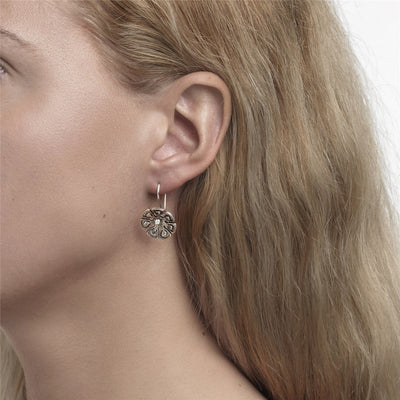 Ohrhaken Silber mit Grafische Blumen Anhänger und mit Grüner Prehnit Anhänger