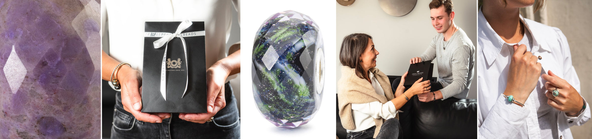 Moodboard with images of gemstone and glass beads in blye and purple colours and lifestyle images of Trollbeads gift giving and gift bags